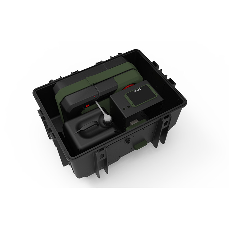 3D-Ansicht eines geöffneten B&W Koffers mit integrierter Brennstoffzelle und Steuerungskomponente.