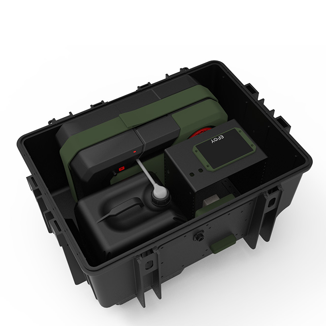 3D-Darstellung eines B&W International Transportkoffers mit integriertem Technikmodul und Geräten in maßgefertigter Einlage.