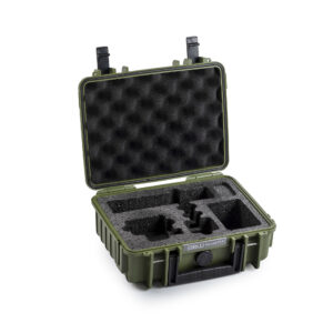 Stabiler B&W International Mehrzweckkoffer in bronze gruen mit passgenauem arplank Schaumstoff-Inlay und Noppenschaum im Deckel für sicheren Geräteschutz. Geeignet für GoPro 9 bis 13.