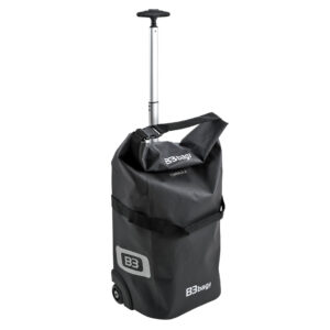 Sac à roulettes noir doté de deux roues, d'une poignée télescopique et d'une fermeture à enroulement. Le logo B3 et la marque B&W International ajoutent une touche élégante à ce modèle pratique.