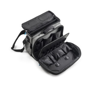 Geräumige Werkzeugtasche mit verstellbaren Innenfächern und separatem Deckelfach, ideal für Handwerker zur sicheren Aufbewahrung und Organisation von Werkzeugen und Zubehör.