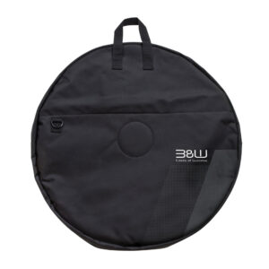 Runde, schwarze TEX 22 Fahrradtasche von B&W International mit Tragegriffen zum sicheren Transport von Laufrädern und Fahrradteilen.