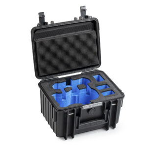 Open black B&W drone case PP 66 Mini with custom-fit foam inlay for safe storage and transportation of a drone.