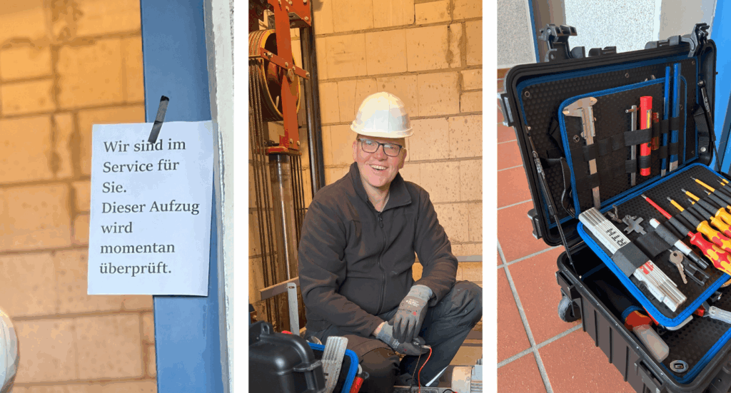 Collage aus drei Bildern: 1. Hinweisschild an Aufzugstür: 'Wir sind im Service für Sie. Dieser Aufzug wird momentan überprüft.' 2. Lächelnder Techniker in Schutzkleidung bei der Wartung eines Aufzugs. 3. Offener Werkzeugkoffer mit verschiedenen Werkzeugen für Wartungsarbeiten.